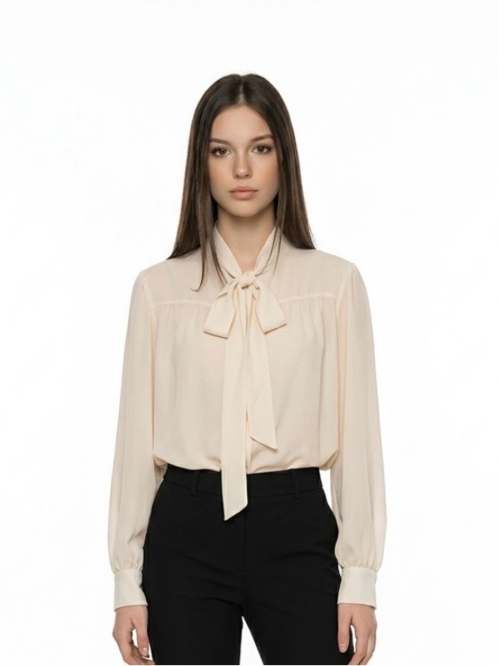 H&M Cream Tie-Neck Long Sleeve Blouse